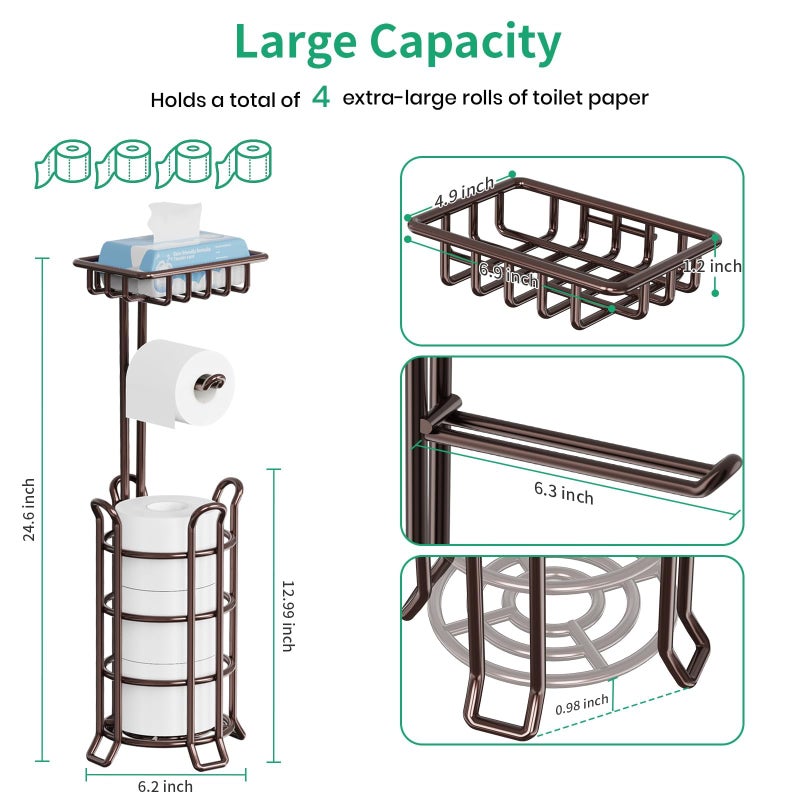 TomCare Toilet Paper Holder Upgraded Toilet Paper Stand with 4 Raised Feet Metal Free Standing Tissue Paper Roll Dispenser with Storage Shelf Sturdy Bathroom Accessories (Bronze) - Image 2